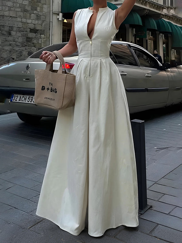 High Waisted Loose Pockets Solid Color Zipper V-Neck Jumpsuits