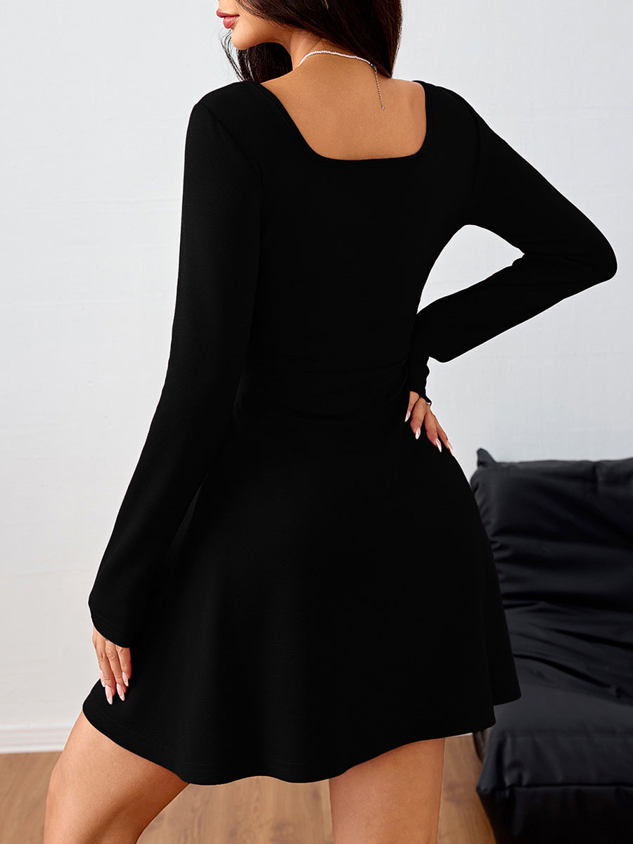 A-line High Waisted Pleated Solid Color Square-neck Mini Dresses