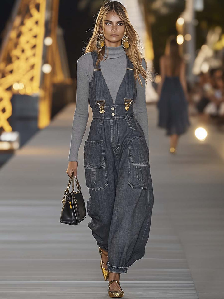 Fashion Personality Loose V-neck Suspender Denim Jumpsuit