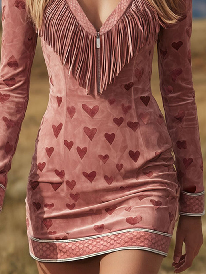 Western Style V-neck Fringed Heart Print Faux Suede Long-sleeved Mini Dress