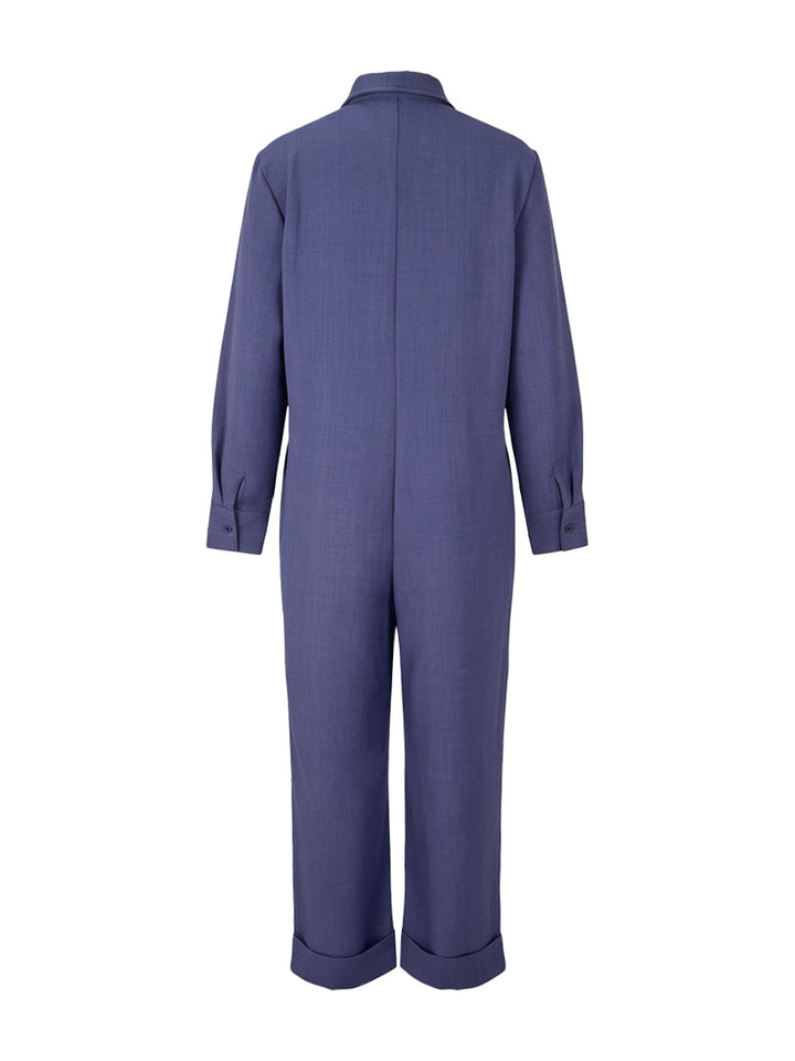 Long Sleeves Loose Solid Color Zipper Lapel Jumpsuits