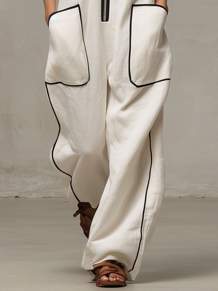 Loose-fitting Cotton-linen Color-blocked Stand-up Collar Zip-up Sleeveless Jumpsuit