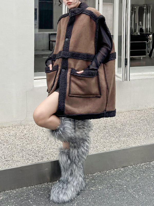 Loose Sleeveless Buttoned Pockets Split-Joint Stand Collar Vest Outerwear