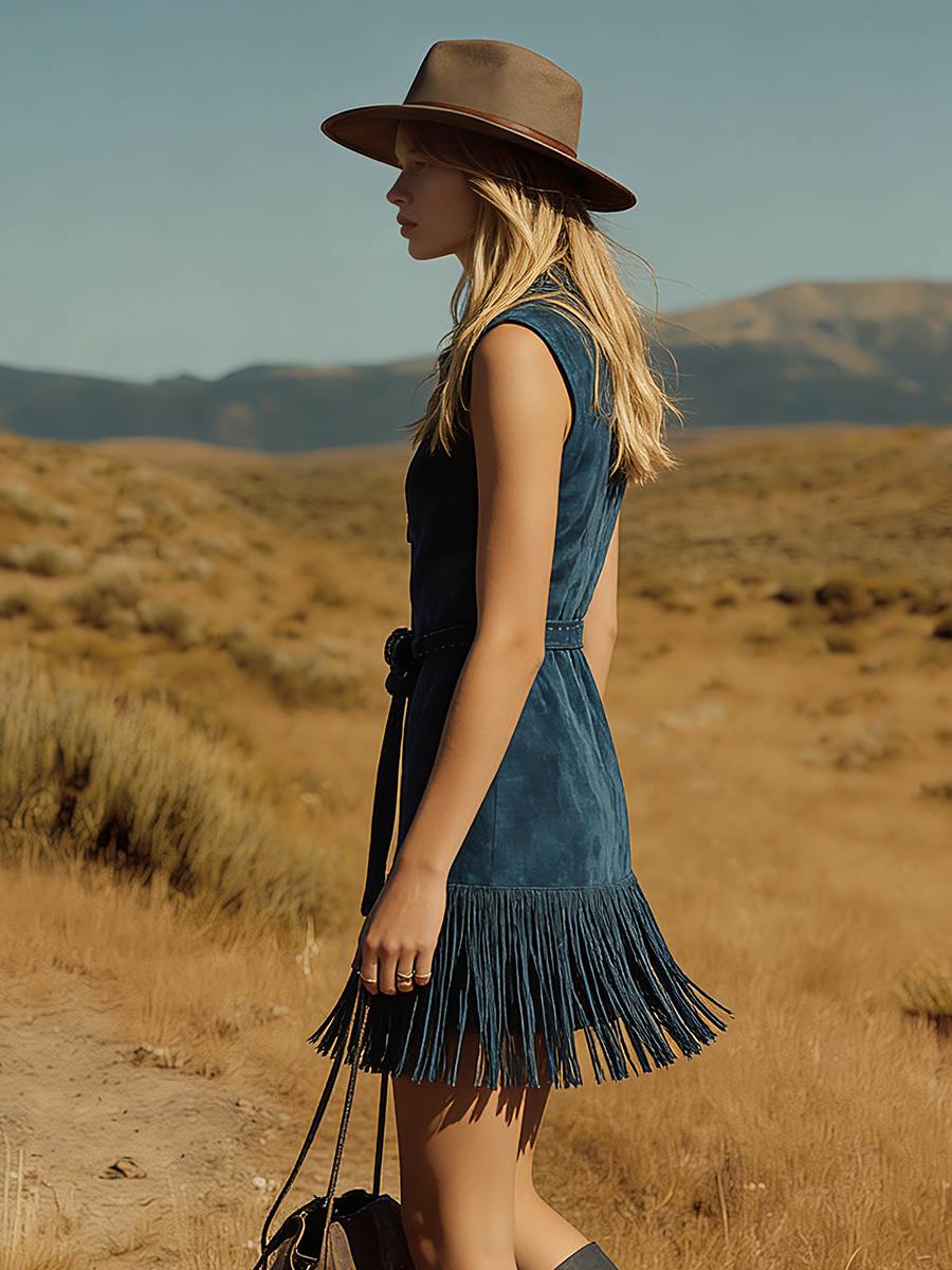 Western Retro Bohemian Style V-neck Sleeveless Embroidered Faux Suede Mini Dress