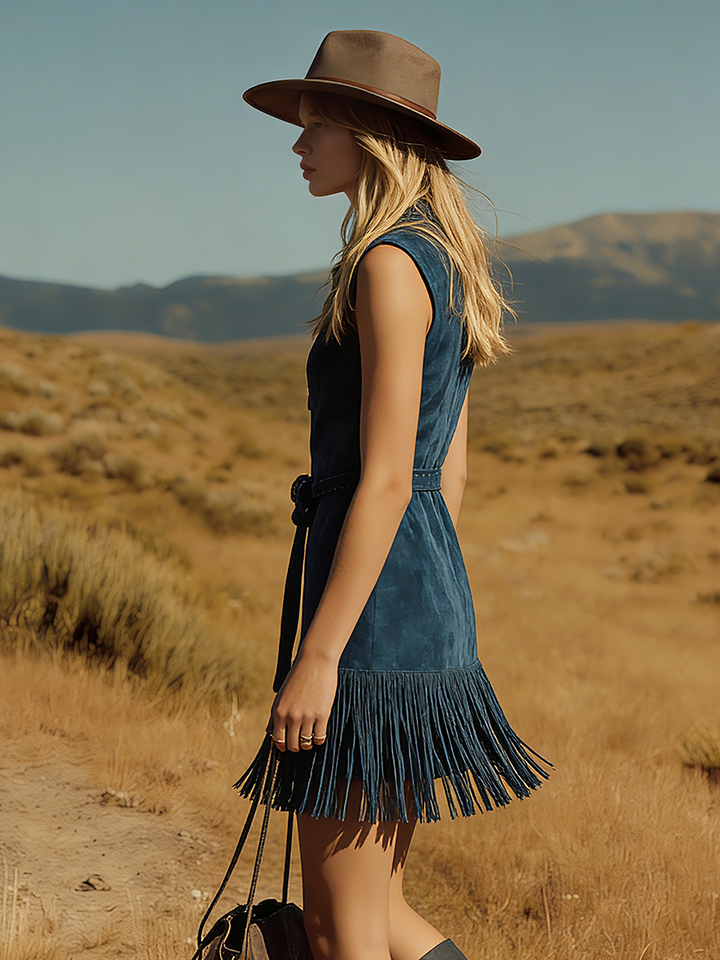 Western Retro Bohemian Style V-neck Sleeveless Embroidered Faux Suede Mini Dress