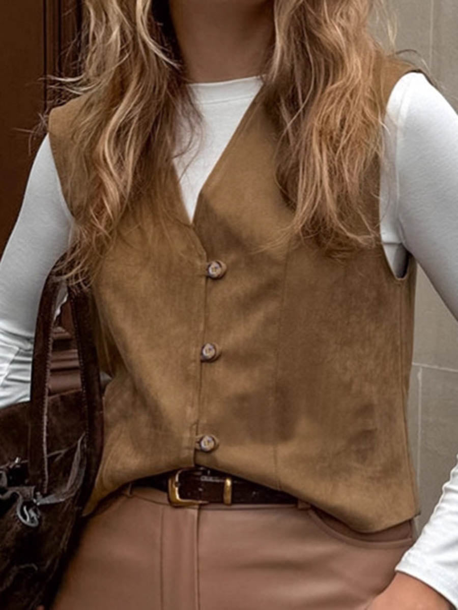 Loose Sleeveless Buttoned Solid Color V-Neck Vest Outerwear Waistcoat