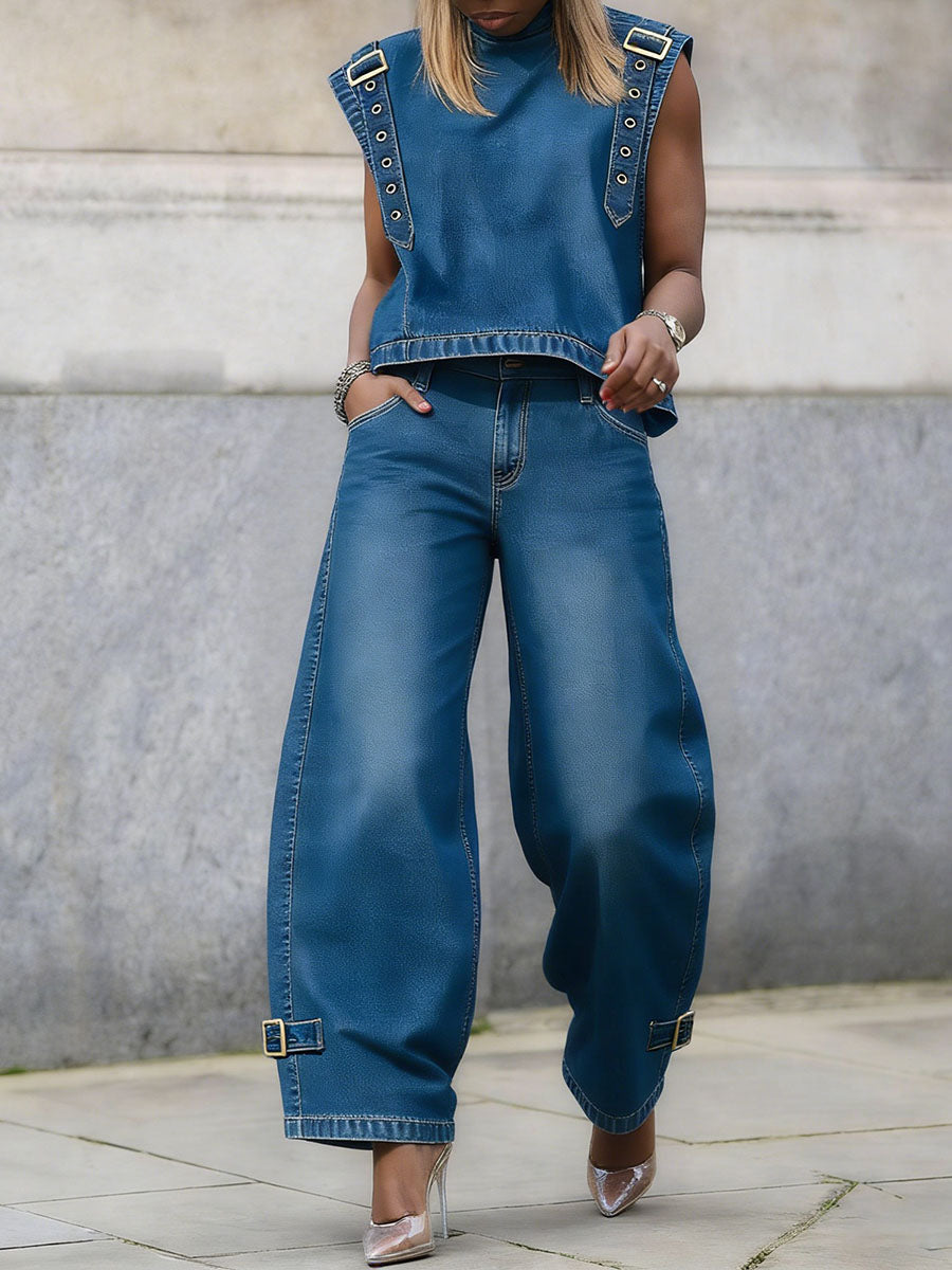 Sleeveless Buckle Buttoned Solid Color Round-Neck Vest Top