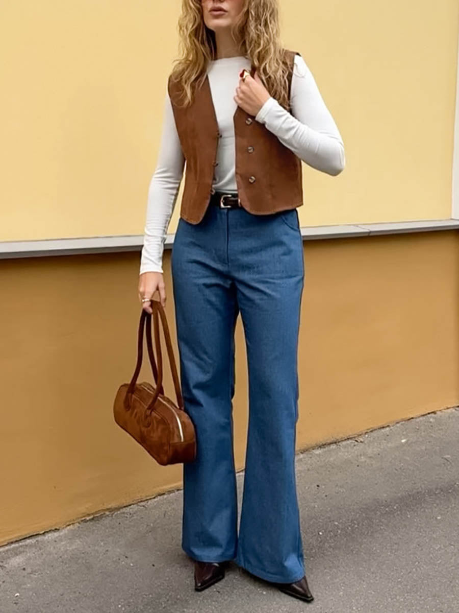 Loose Sleeveless Buttoned Solid Color V-Neck Vest Outerwear Waistcoat