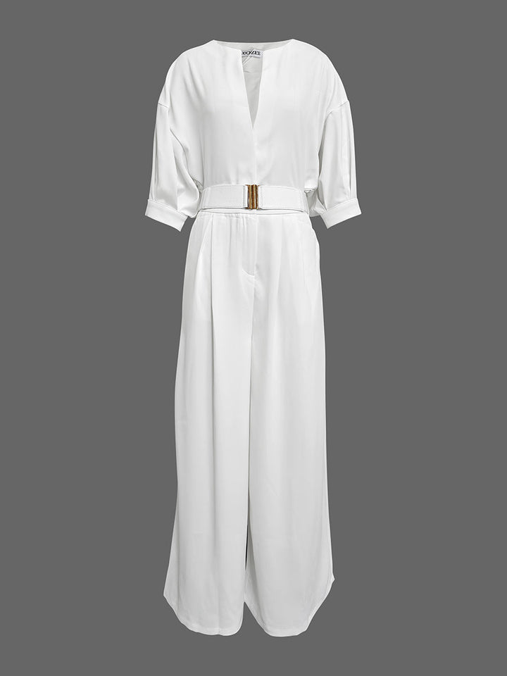 Half Sleeves Loose No Belt Solid Color Deep V-Neck Jumpsuits
