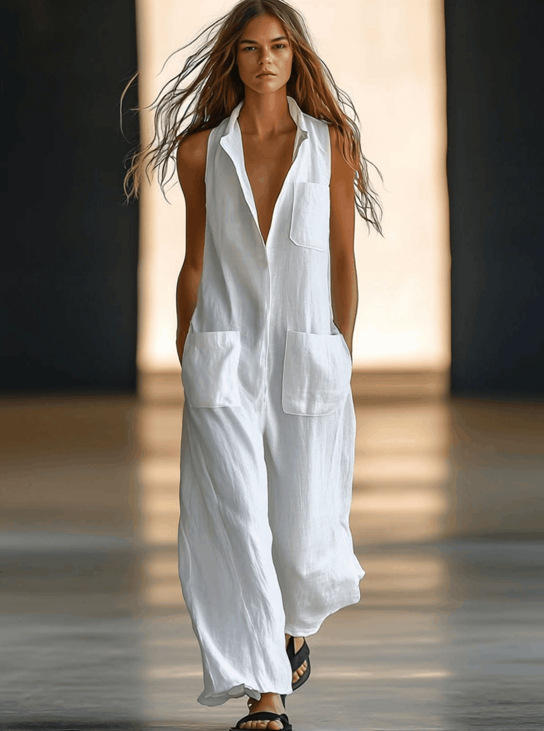 Casual Loose Retro White Breathable Linen Sleeveless Wide Leg Pants Jumpsuit