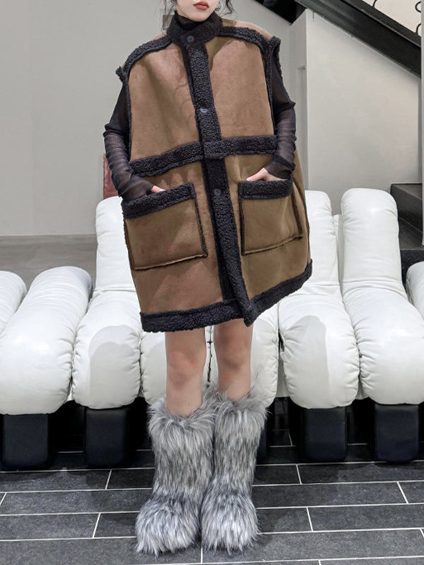 Loose Sleeveless Buttoned Pockets Split-Joint Stand Collar Vest Outerwear