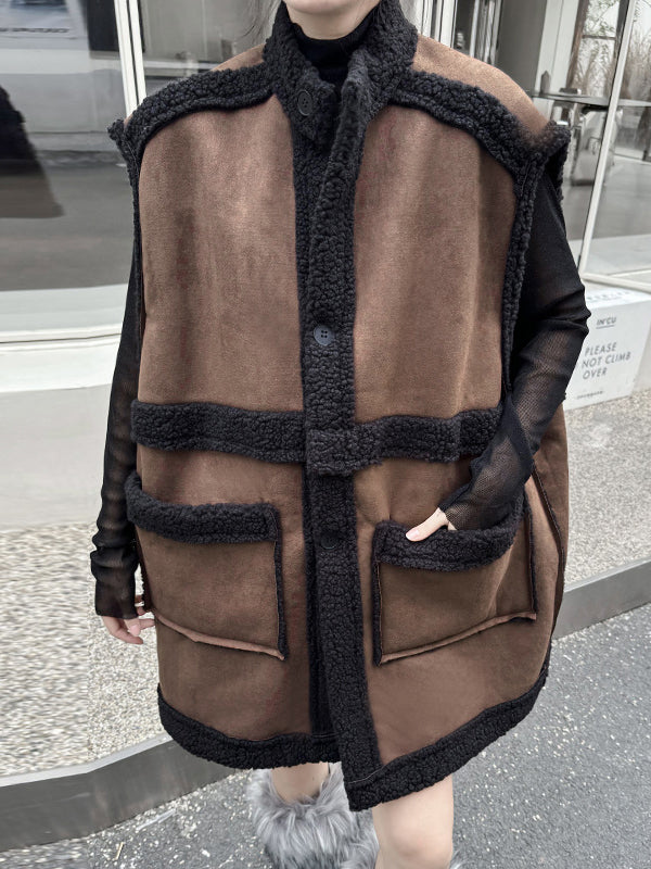 Loose Sleeveless Buttoned Pockets Split-Joint Stand Collar Vest Outerwear