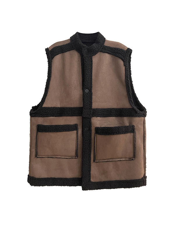 Loose Sleeveless Buttoned Pockets Split-Joint Stand Collar Vest Outerwear