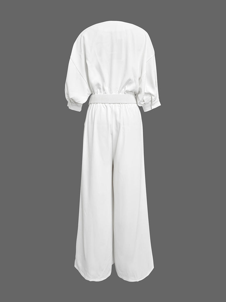 Half Sleeves Loose No Belt Solid Color Deep V-Neck Jumpsuits