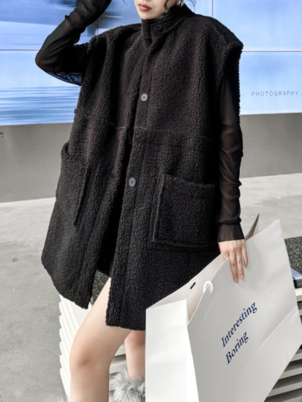 Loose Sleeveless Buttoned Pockets Split-Joint Stand Collar Vest Outerwear