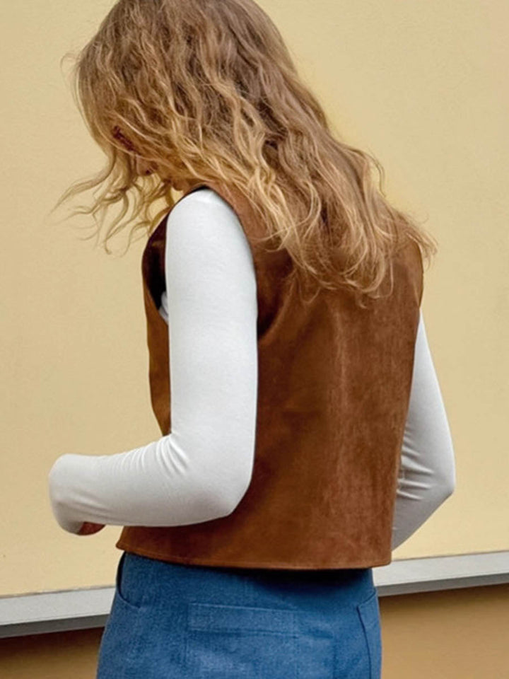 Loose Sleeveless Buttoned Solid Color V-Neck Vest Outerwear Waistcoat