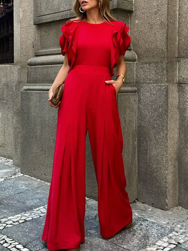 Loose Short Sleeves Falbala Solid Color Round-Neck Jumpsuits