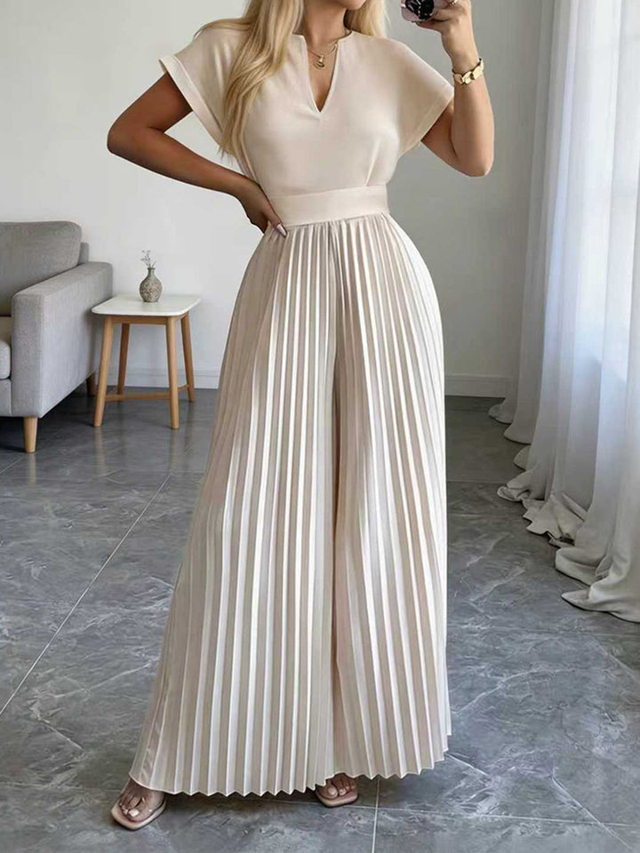 Loose Short Sleeves Pleated Solid Color Split-Joint V-Neck Jumpsuits