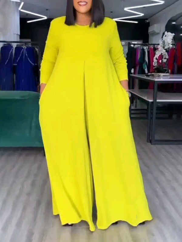 Loose Wide Leg Pockets Solid Color Round-Neck Jumpsuits