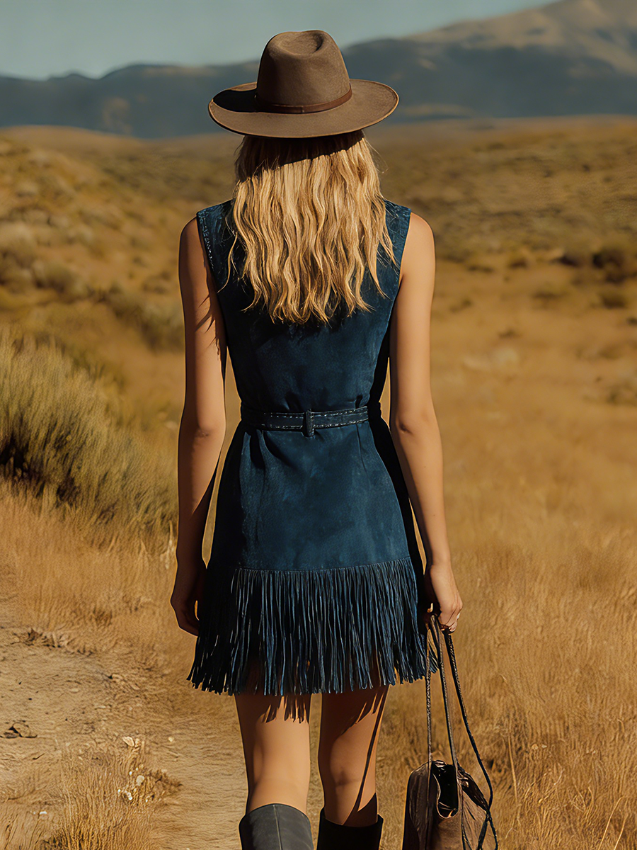Western Retro Bohemian Style V-neck Sleeveless Embroidered Faux Suede Mini Dress