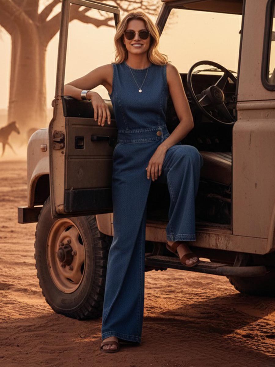 High Waisted Irregularity Buttoned Interlace Pockets Solid Color Split-Joint Round-Neck Jumpsuits