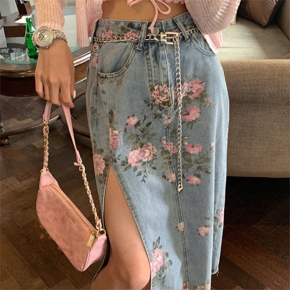Floral Denim Skirt