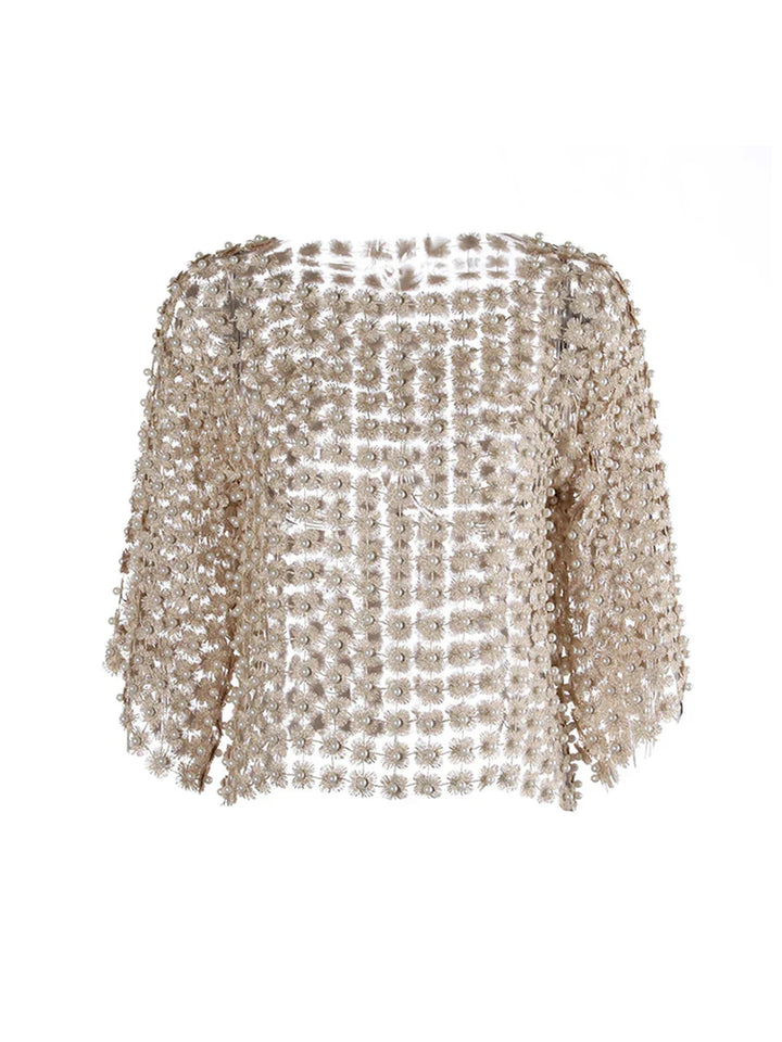Hollow Out Patchwork Pearls T-Shirt