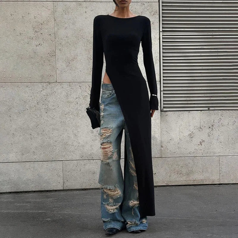 Asymmetrical Long Sleeve Black Dress