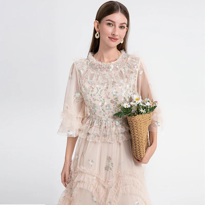 Embroidery Flower Midi Dress