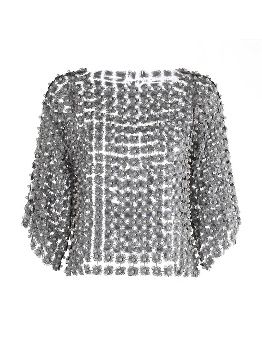 Hollow Out Patchwork Pearls T-Shirt