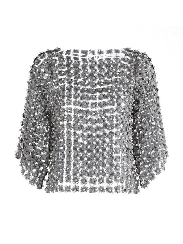 Hollow Out Patchwork Pearls T-Shirt