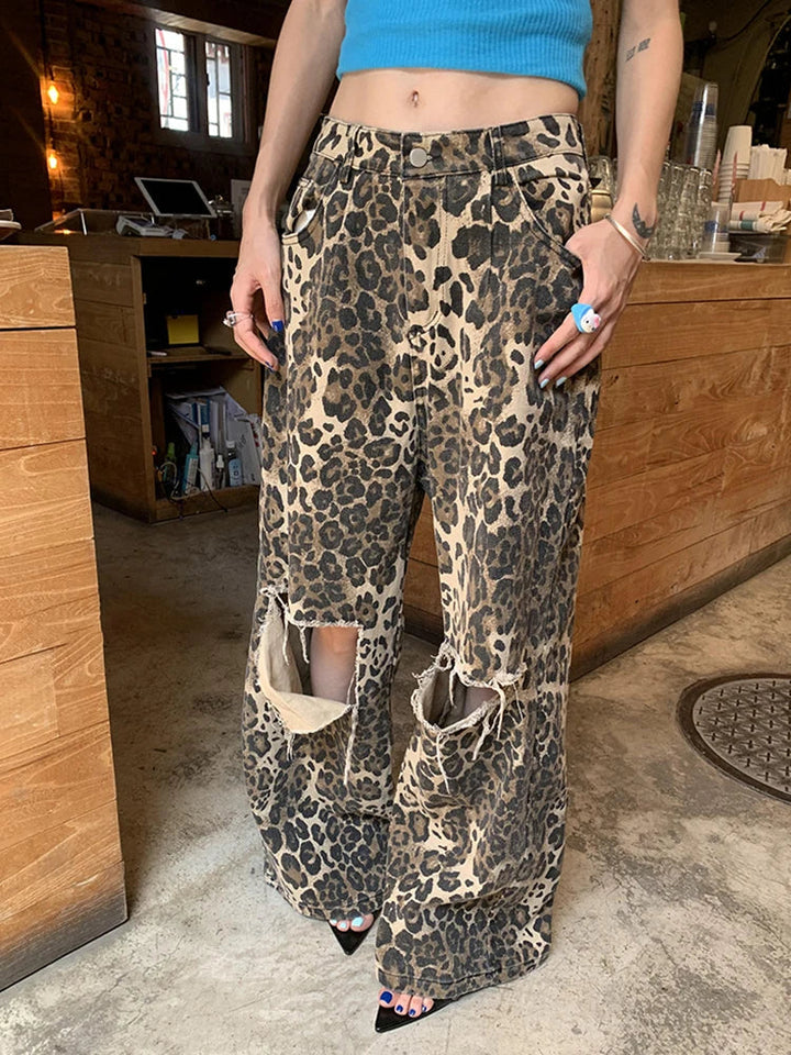 Leopard Ripped Wide Leg Jeans
