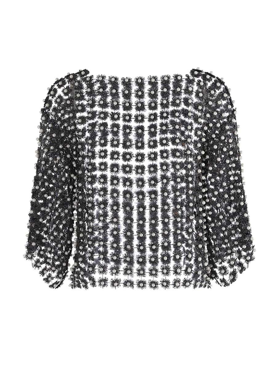 Hollow Out Patchwork Pearls T-Shirt