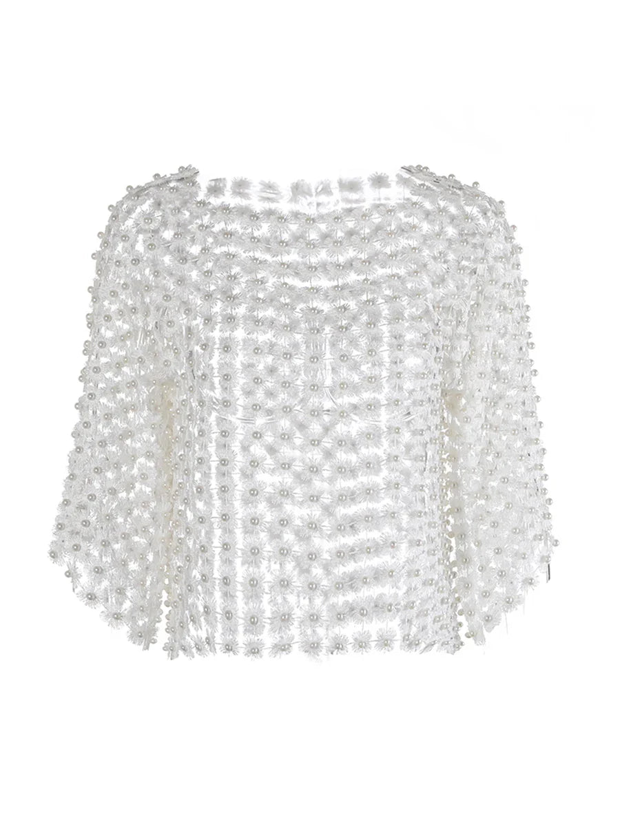 Hollow Out Patchwork Pearls T-Shirt