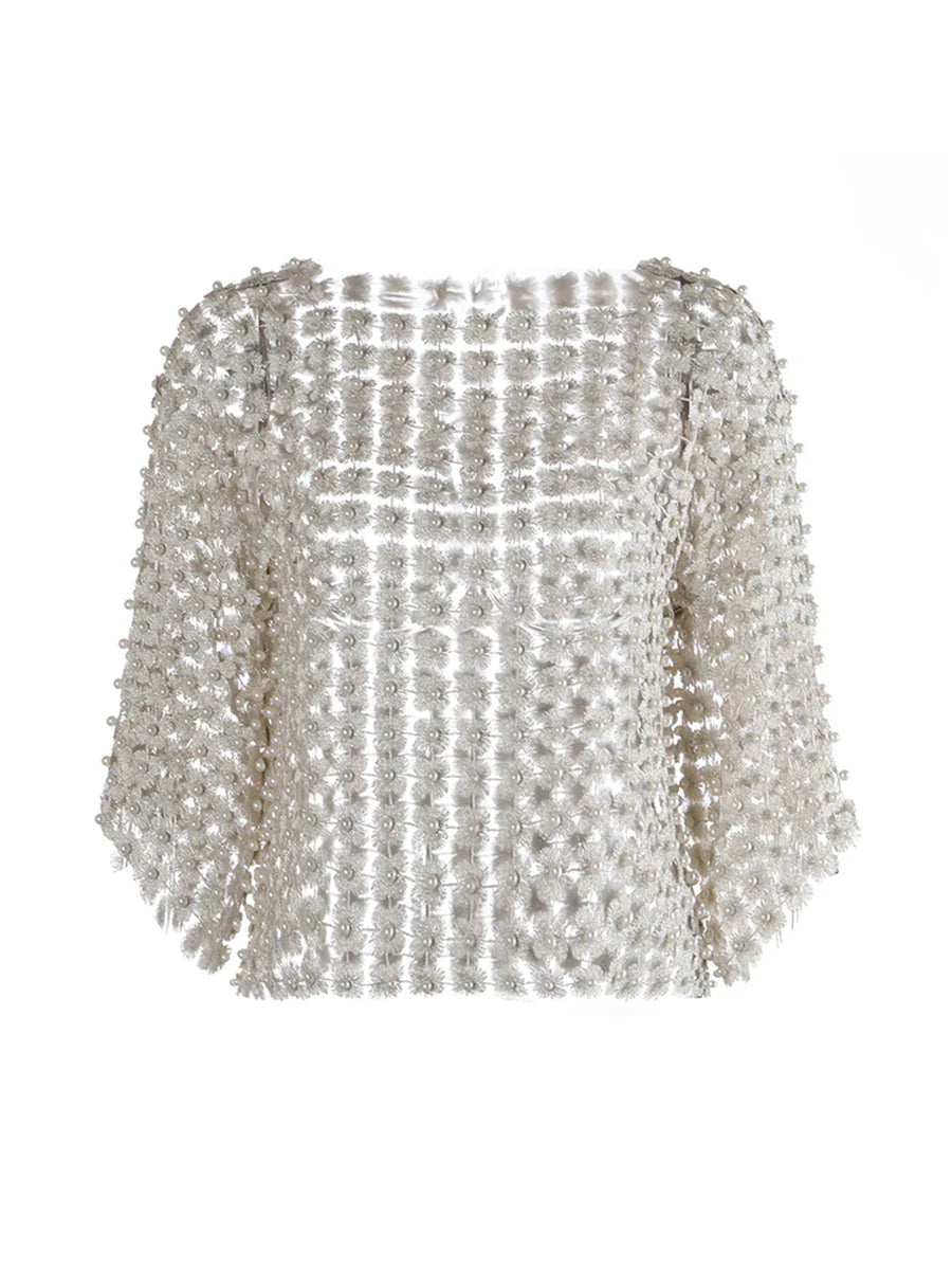 Hollow Out Patchwork Pearls T-Shirt