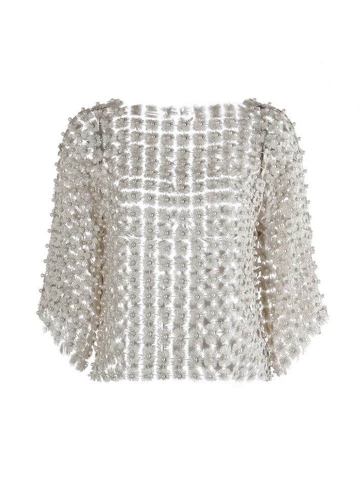 Hollow Out Patchwork Pearls T-Shirt