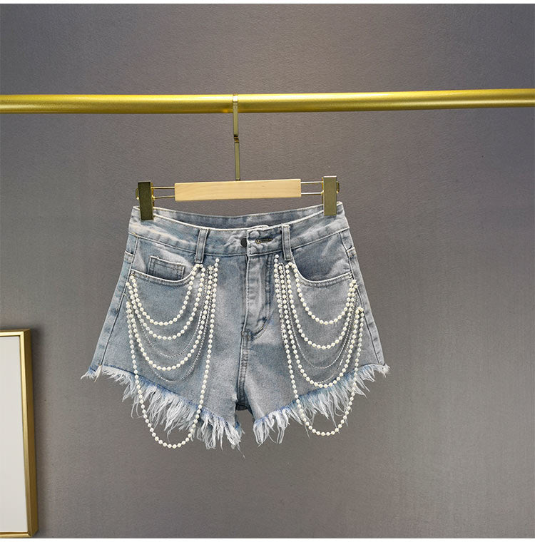 Pearl Tassel Denim Shorts