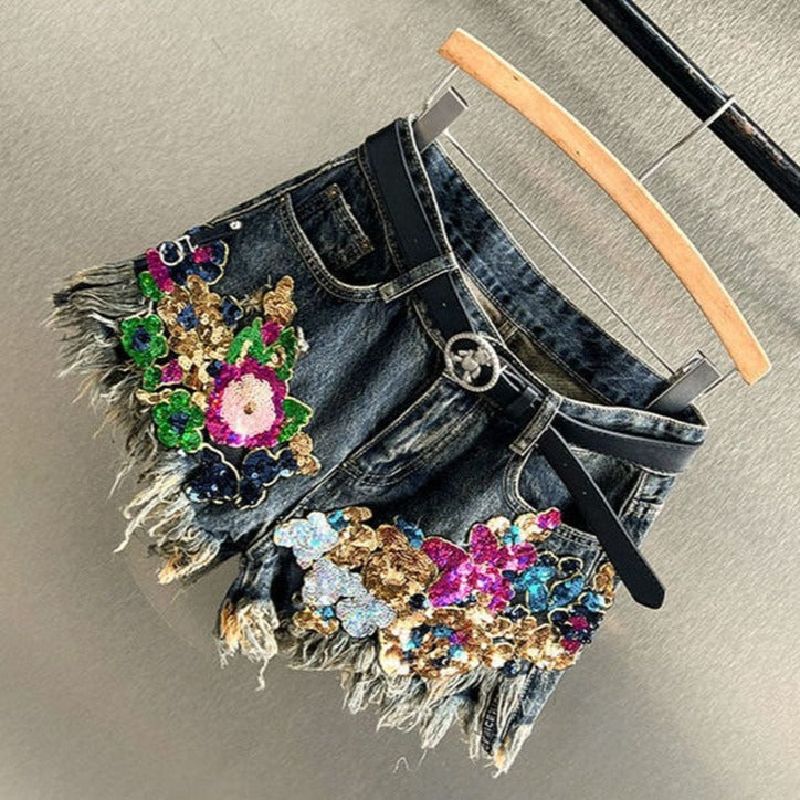 Sequined Floral Denim Shorts