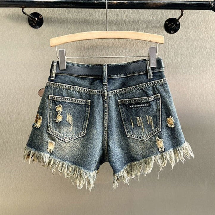 Sequined Floral Denim Shorts