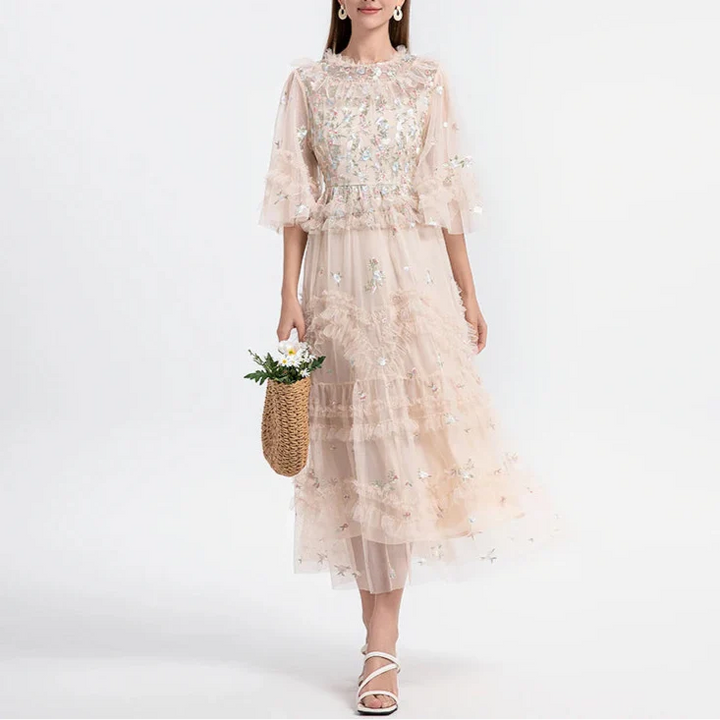 Embroidery Flower Midi Dress