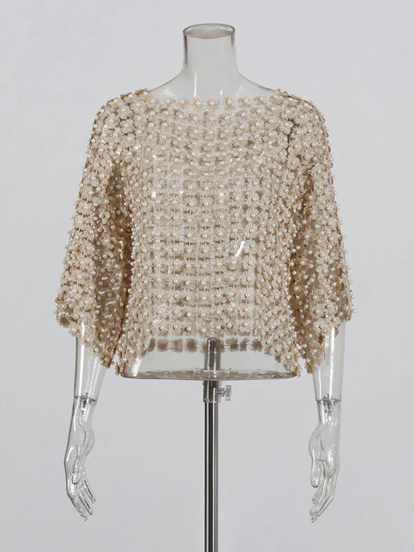 Hollow Out Patchwork Pearls T-Shirt