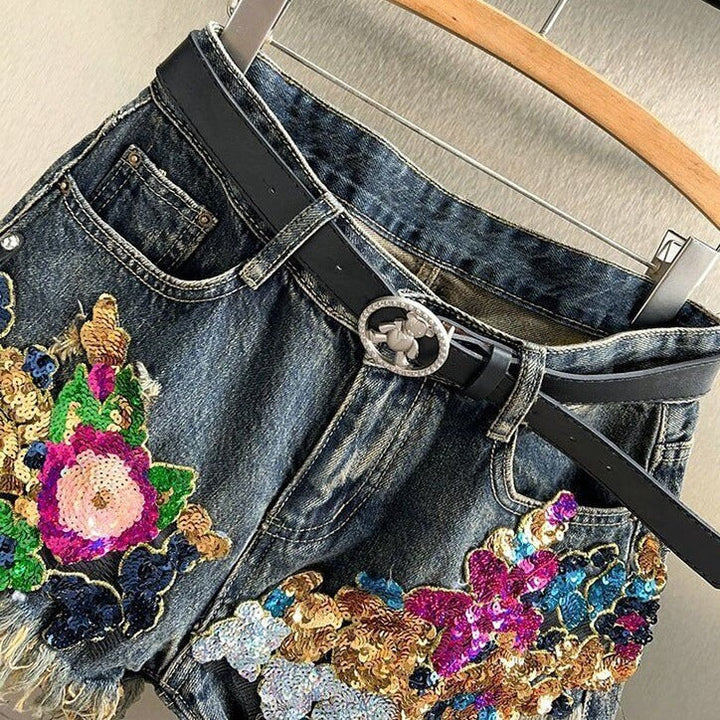 Sequined Floral Denim Shorts