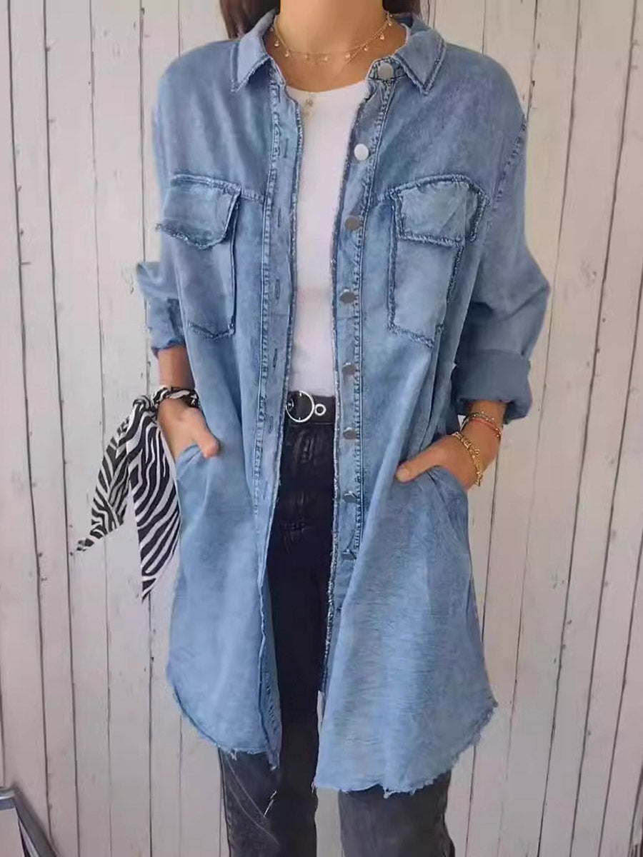 Long Sleeves Loose Buttoned Pockets Solid Color Split-Joint Lapel Outerwear