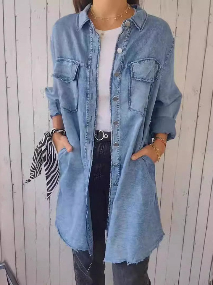 Long Sleeves Loose Buttoned Pockets Solid Color Split-Joint Lapel Outerwear