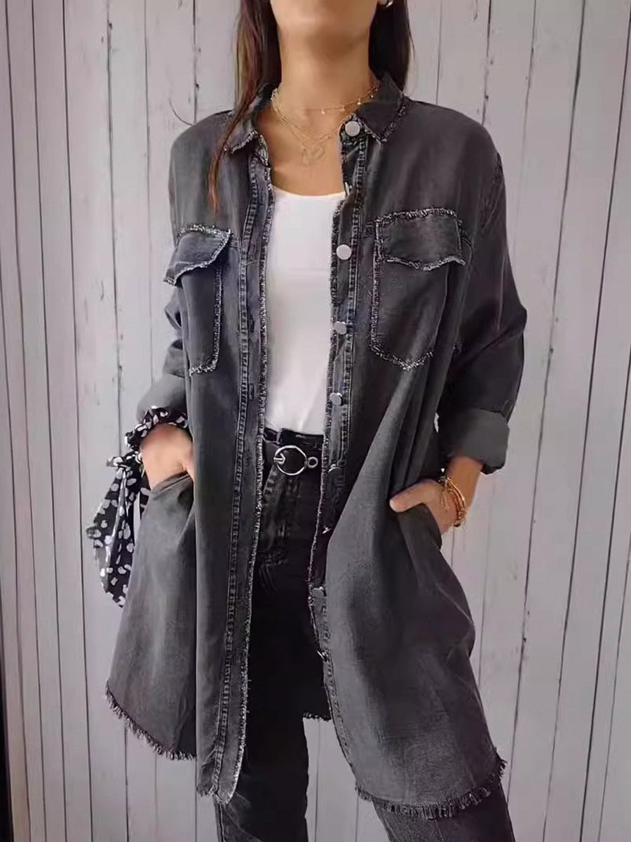 Long Sleeves Loose Buttoned Pockets Solid Color Split-Joint Lapel Outerwear