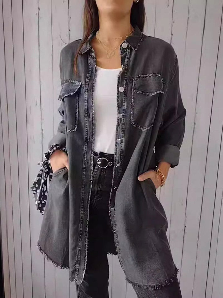Long Sleeves Loose Buttoned Pockets Solid Color Split-Joint Lapel Outerwear