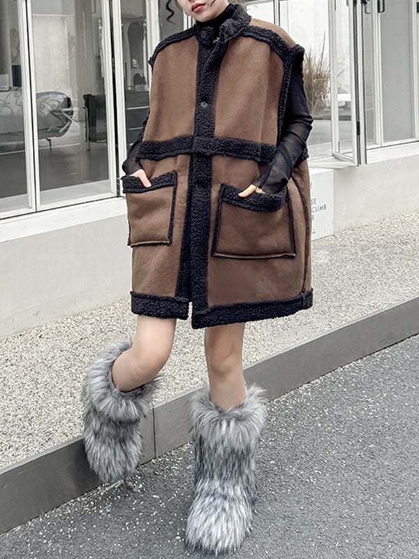 Loose Sleeveless Buttoned Pockets Split-Joint Stand Collar Vest Outerwear