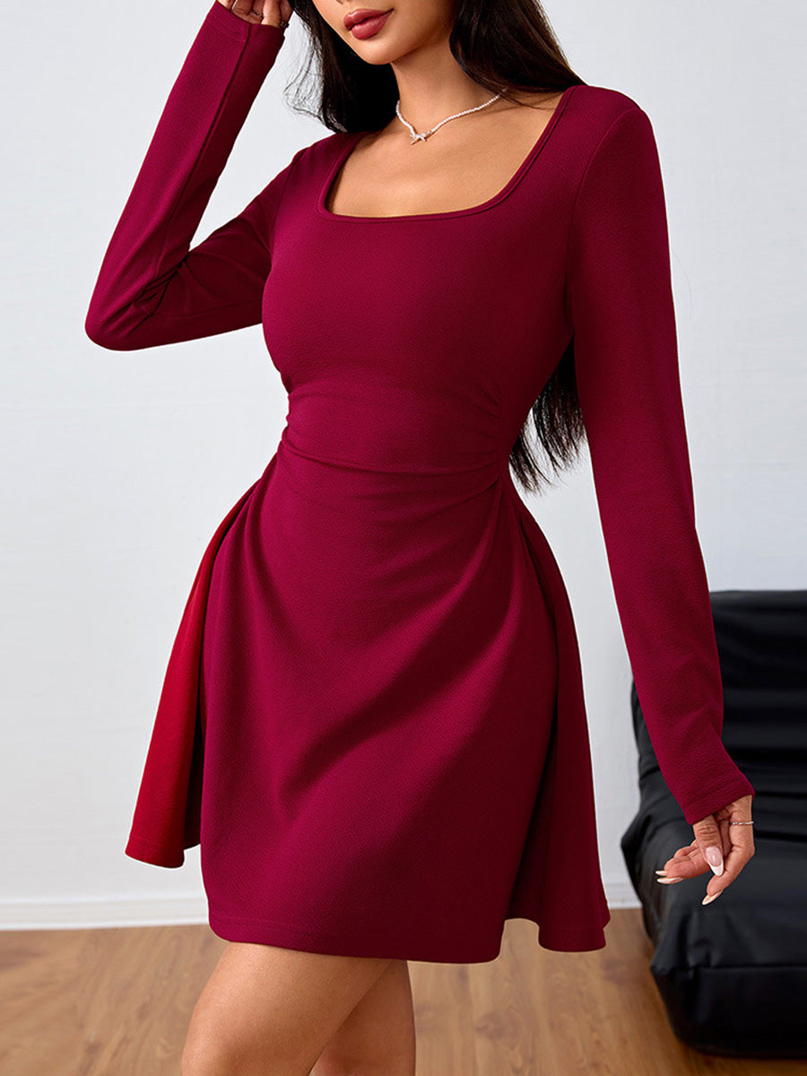 A-line High Waisted Pleated Solid Color Square-neck Mini Dresses