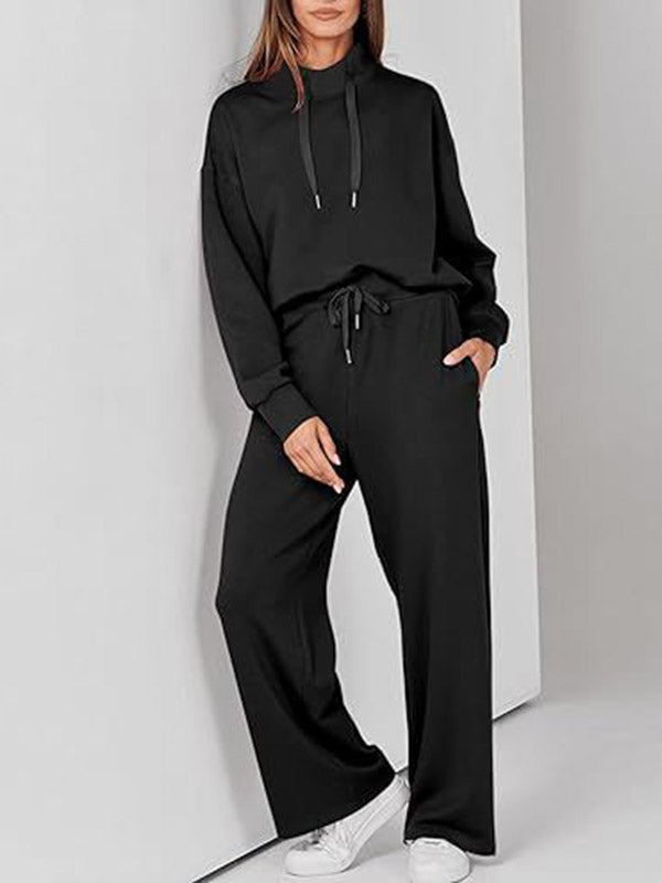 High Waisted Long Sleeves Drawstring Split-Joint Sweatshirt + Pants/Trousers Two Pieces Set