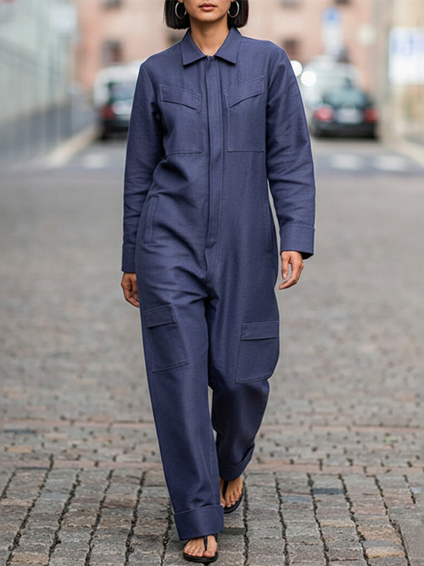 Long Sleeves Loose Solid Color Zipper Lapel Jumpsuits